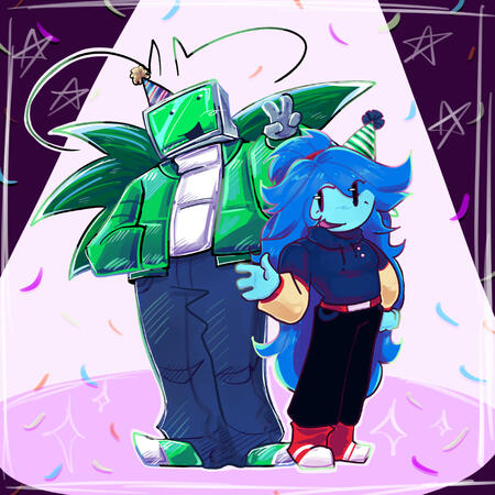 Example Art 4 | Rendered Full Body, Additional Character, Simple Background (CHARACTERS BELONG TO @seezee553 ON X)